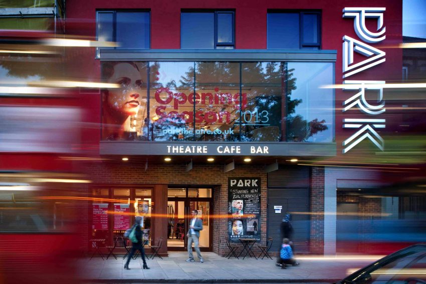 Park Theatre Building, Park logo on the side of the building and a large window on the second floor of the building, underneath the window it says Theatre, Cafe Bar