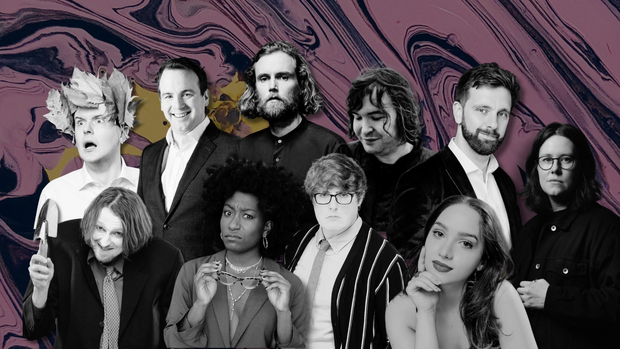 Headshots of 10 comedians collaged into an image with a purple swirly background.