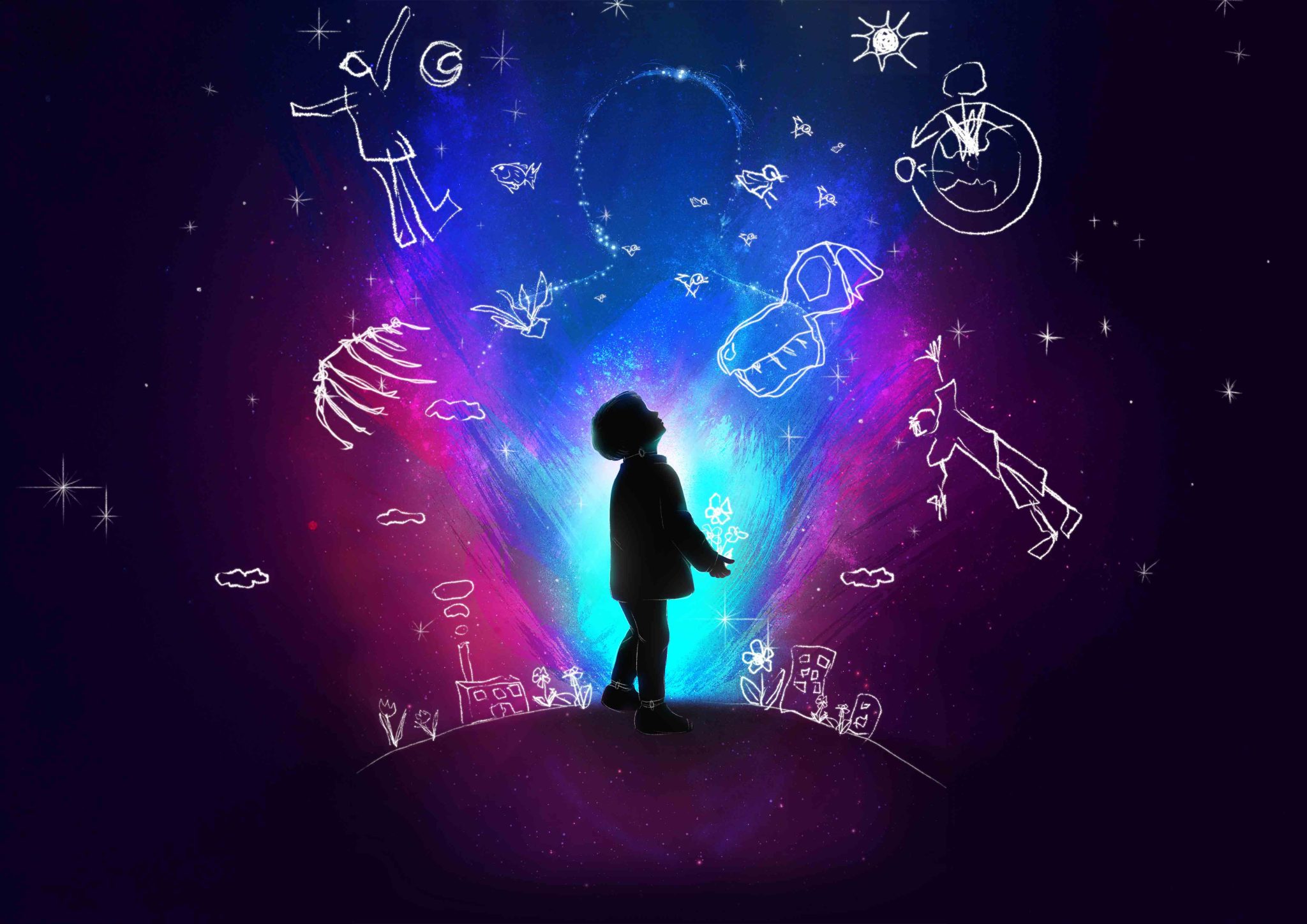 A silhouette of a boy against a colourful background showing shapes and stars like constellations.