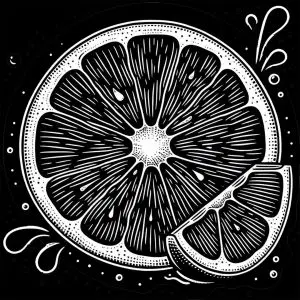 White drawing of a sliced orange against a black background