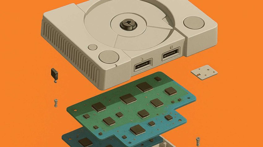 A image of a computer hard drive that has been deconstructed. It is shown against an orange background.