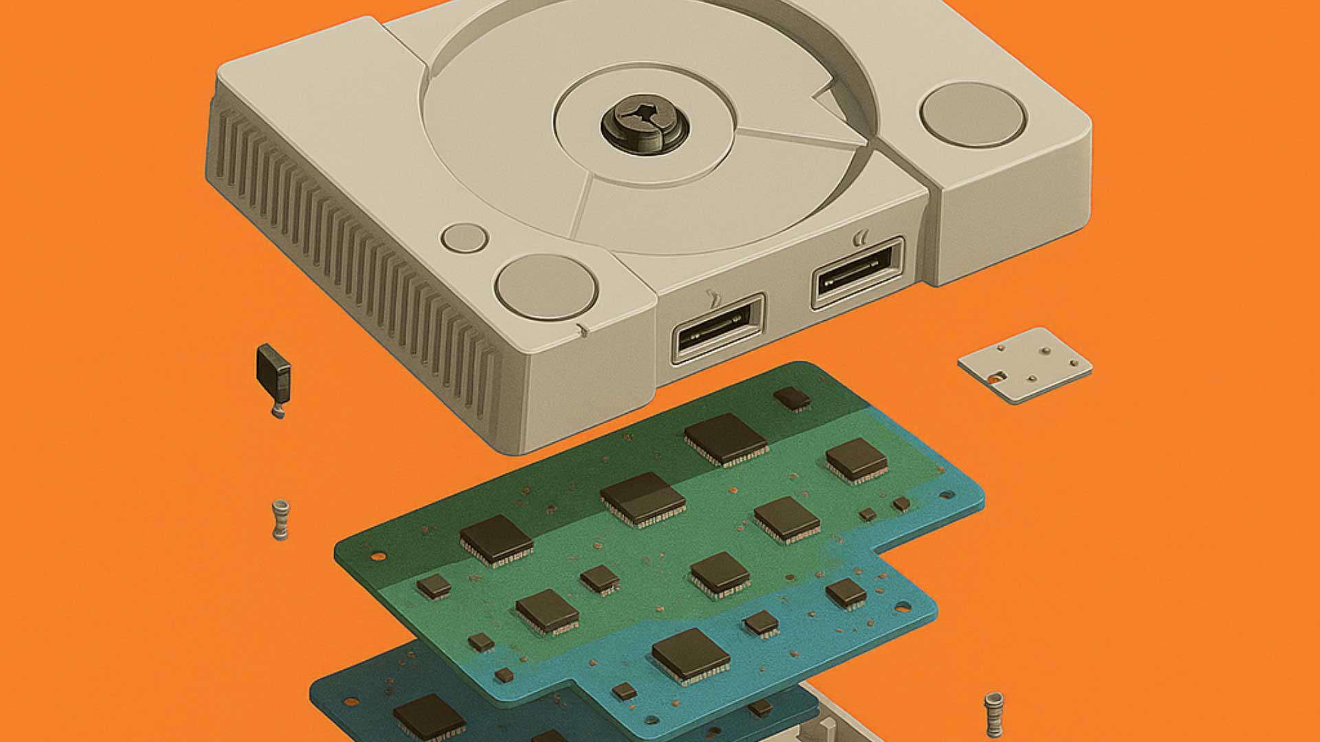 A image of a computer hard drive that has been deconstructed. It is shown against an orange background.