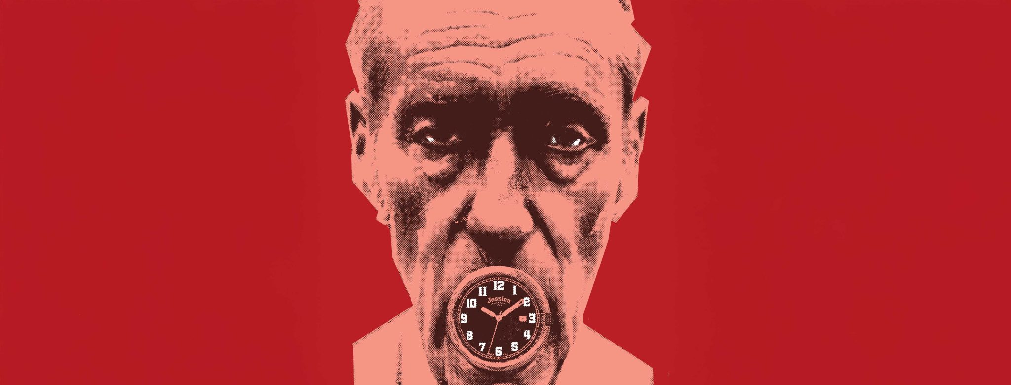 A man with a clock in his mouth. There is a red background behind him.
