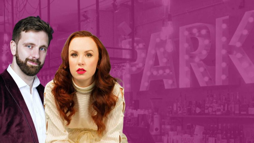 Headshots of Pierre Novellie and Catherine Bohart against a purple background showing the Park Theatre bar.